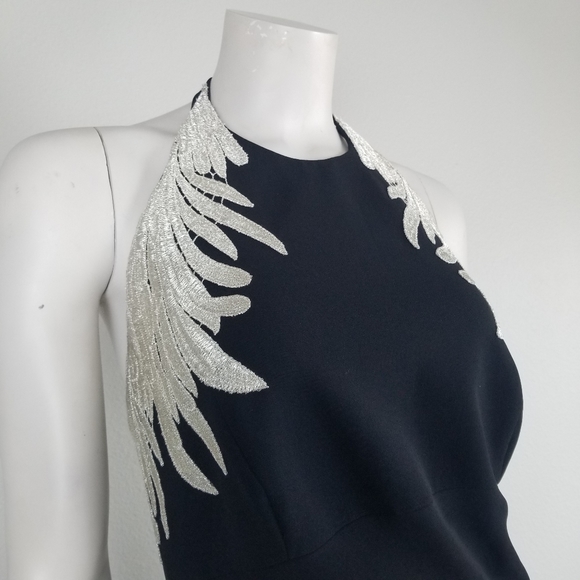 Carmen Marc Valvo Luxury Embroidered Wings Black Halter Maxi Gown Size 14 - Picture 5 of 12